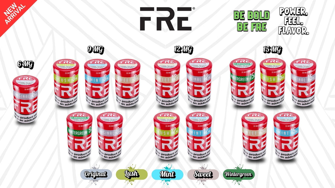 Fre Nicotine Pouches flavors – Mint, Lush, Sweet, Wintergreen, and Original in 6mg to 15mg strengths.