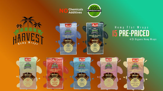 Green Harvest Hemp Wraps display box with 7 flavors – organic, non-GMO, vegan, tobacco-free wraps.