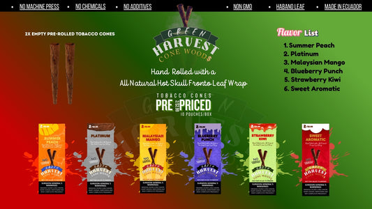 Green Harvest Cone Woods all six flavors – Summer Peach, Platinum, Malaysian Mango, Blueberry Punch, Strawberry Kiwi, Sweet Aromatic