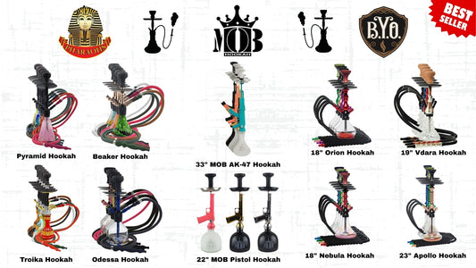Top hookah shisha brands – Pharaohs, MOB, BYO, Khalil Mamoon, Cloud X, Maestro wholesale hookahs.