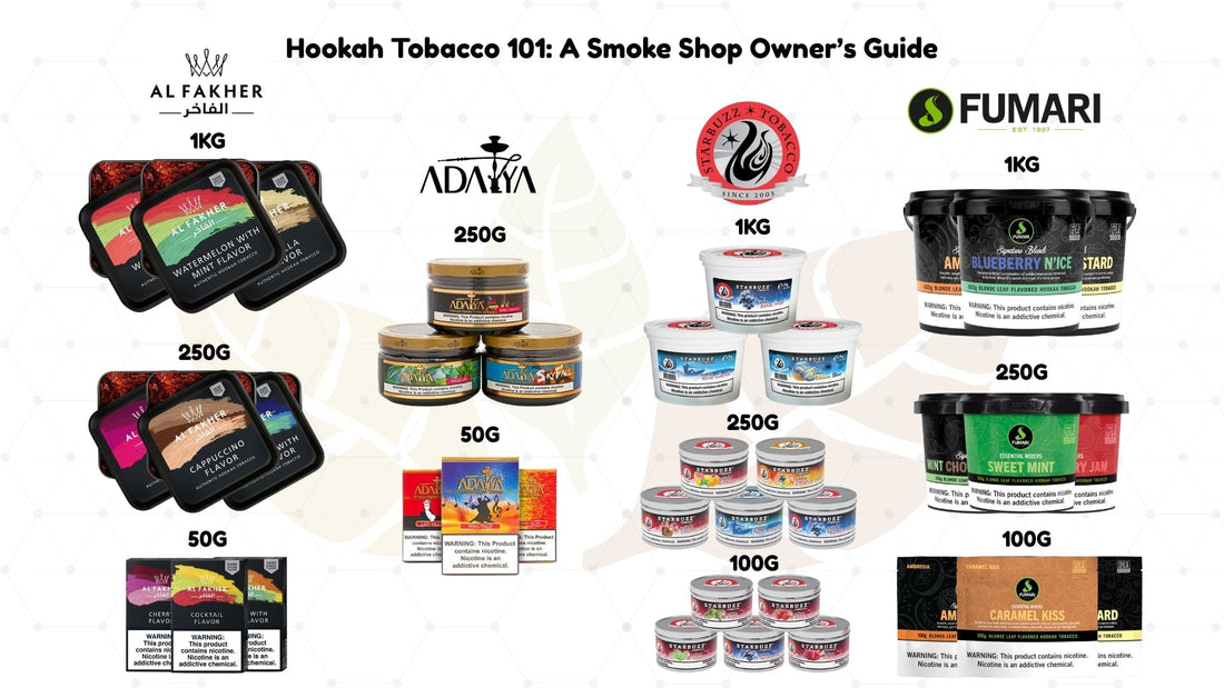 Wholesale hookah tobacco brands and flavors display for smoke shops.