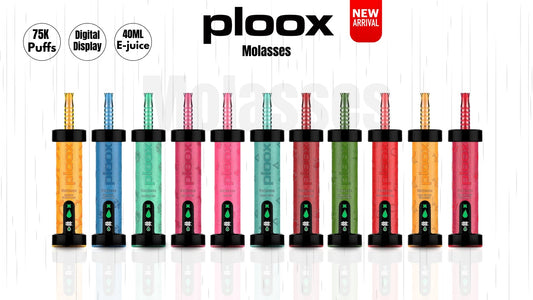 Ploox Molasses 75K disposable hookah vape in multiple flavors including Love 66, Banana Taffy Freeze, White Gummy Peach, and more.