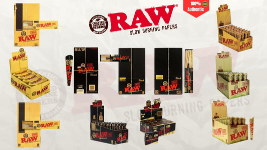Raw Cones pre-rolled papers in different sizes including 1¼, King Size, and Organic Hemp cones displayed with packaging.