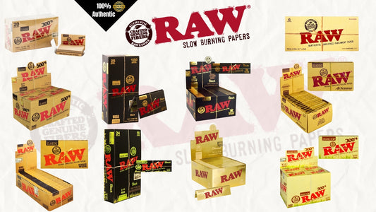 Premium Raw Rolling Papers in assorted styles and sizes, including Classic, Organic Hemp, Black, and Cones.