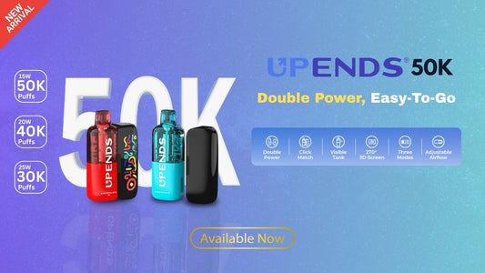 Upends UP9 50K Disposable Vape Kit with Click Match pods, 3D curved screen, visible tank, and 50,000 puff capacity.