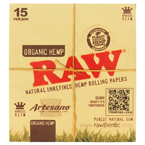 RAW Organic Hemp Artesano | King Size Slim | Papers + Tray + Papers. Tips | 15 Per Box