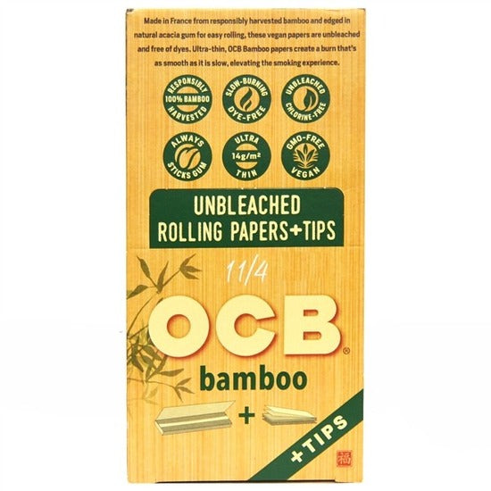 OCB 1 1/4 Bamboo + Tips Unbleached Rolling Papers + Tips | 24 Packs | 50 Leaves | 50 Tips