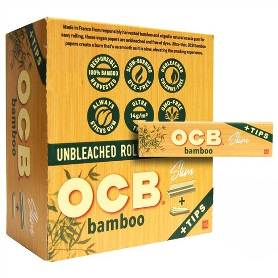 OCB Bamboo Slim Rolling Papers + Tips | 24 Packs | 24 Tips