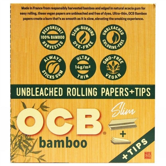 OCB Bamboo Slim Rolling Papers + Tips | 24 Packs | 24 Tips