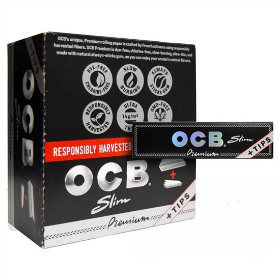 OCB Premium Slim Rolling Papers + Tips | 24 Packs | 24 Tips