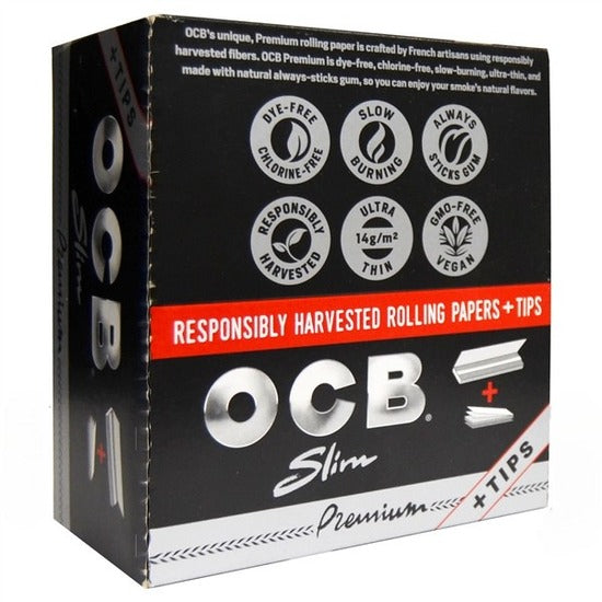 OCB Premium Slim Rolling Papers + Tips | 24 Packs | 24 Tips