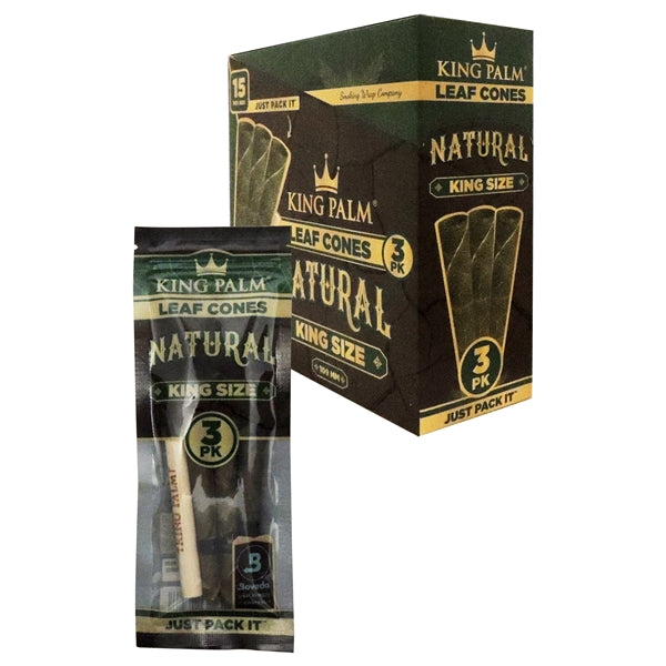 King Palm | Leaf Cones | 109mm | 15 Pouches Per Box | 3 Packs | King Size - Natural