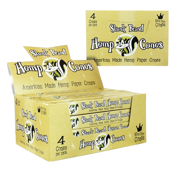 Hemp Cones by Skunk Brand. King Size Cones. 24 Packs per Box. 4 Cones per Pack.
