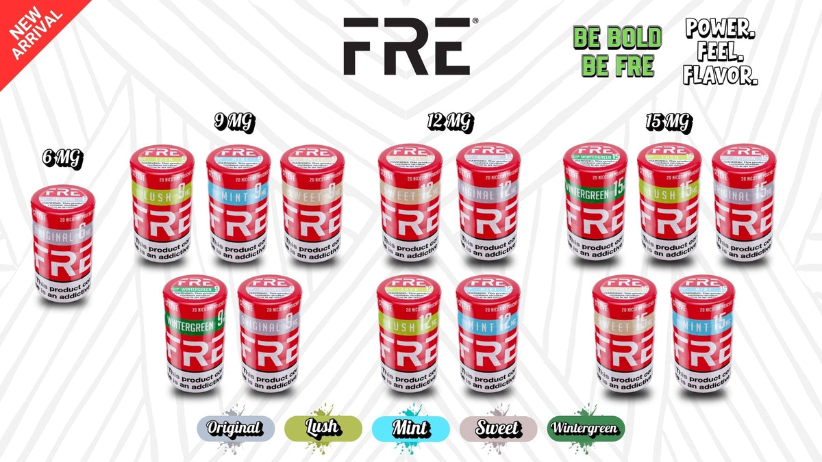 Fre Nicotine Pouches flavors – Mint, Lush, Sweet, Wintergreen, and Original in 6mg to 15mg strengths.
