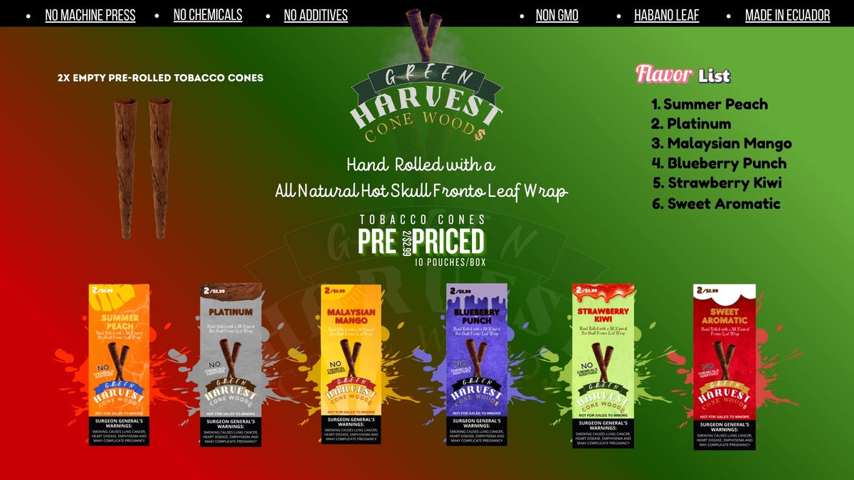 Green Harvest Cone Woods all six flavors – Summer Peach, Platinum, Malaysian Mango, Blueberry Punch, Strawberry Kiwi, Sweet Aromatic
