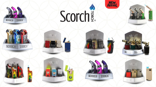 Scorch Torch display showing new torch lighter arrivals in various colors and styles.