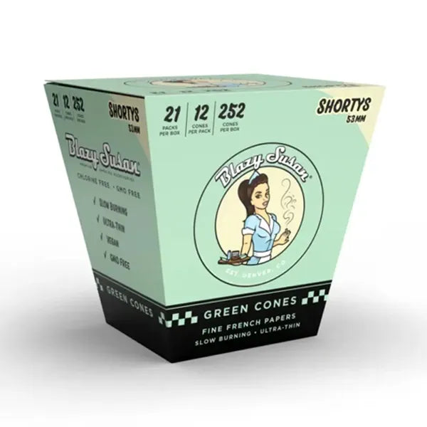 Blazy Susan Green Cones | Shortys 53MM | 21 Packs/ Box | 12 Cones/ Pack | 252 Cones/ Box