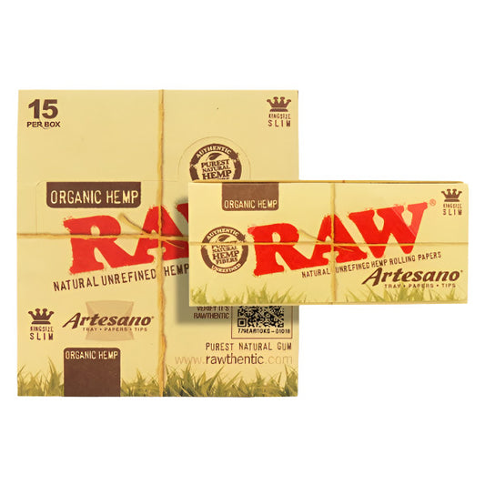 RAW Organic Hemp Artesano | King Size Slim | Papers + Tray + Papers. Tips | 15 Per Box