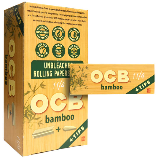 OCB 1 1/4 Bamboo + Tips Unbleached Rolling Papers + Tips | 24 Packs | 50 Leaves | 50 Tips
