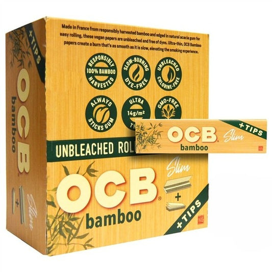 OCB Bamboo Slim Rolling Papers + Tips | 24 Packs | 24 Tips
