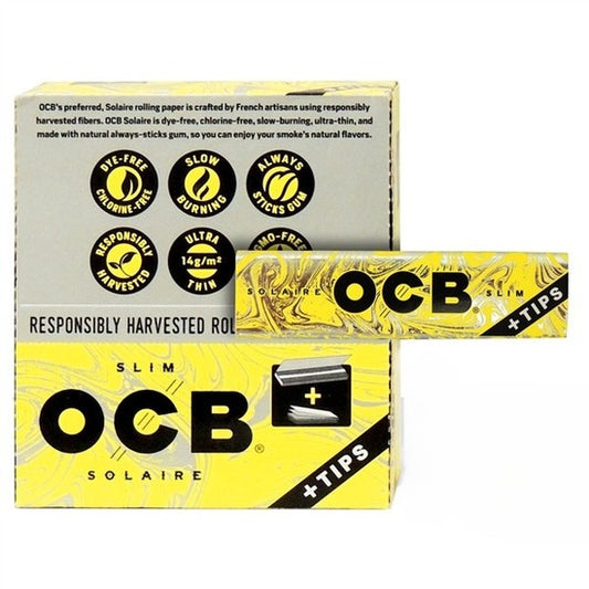 OCB Slim Solaire Rolling Paper + Tips | 24 Booklets | 32 Leaves + 32 Tips per Booklet