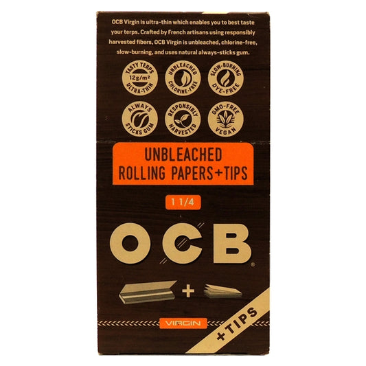 OCB Virgin | Unbleached Rolling Papers + Tips | 1 1/4 Size | Ultra Thin | 24 Booklets | 50 Leaves + 50 Tips