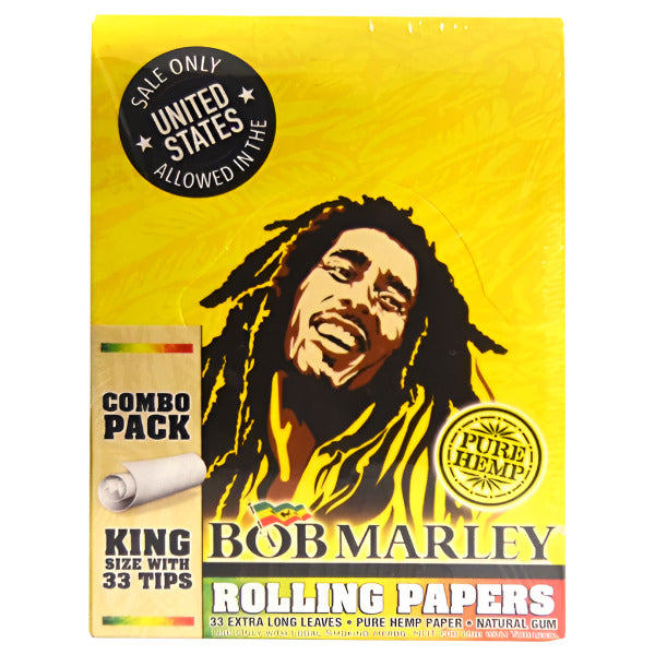 Bob Marley Rolling Papers | King Size + 33 Tips | Combo Pack | Pure Hemp Papers | Long Leaves | 24 Booklets