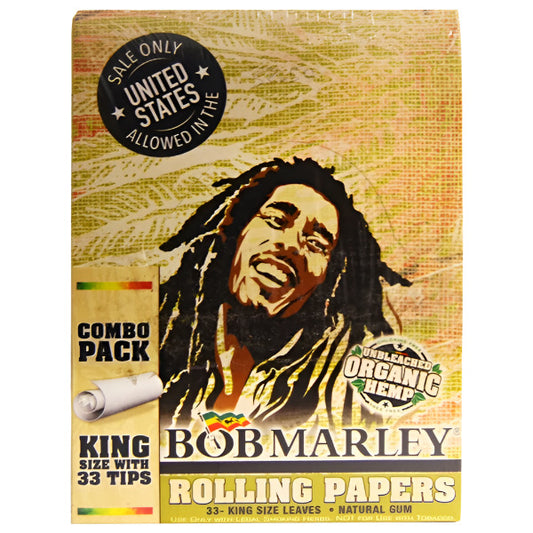 Bob Marley Rolling Papers | King Size + 33 Tips | Combo Pack | Unbleached Organic Hemp Papers | Long Leaves | 24 Booklets