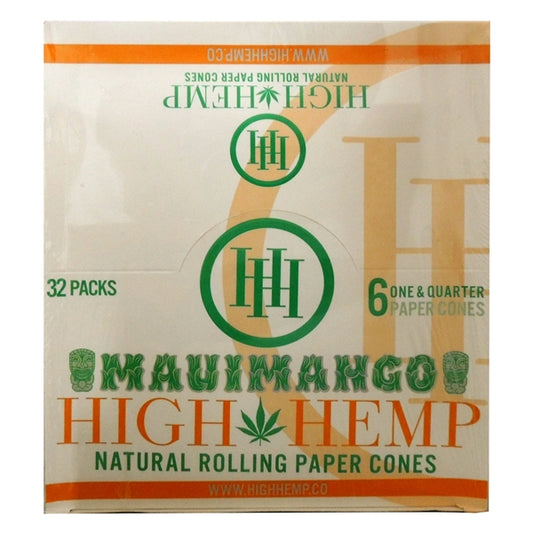 High Hemp Natural Rolling Cones | 32 Packs | 6 One & Quarter Paper Cones | Maui Mango