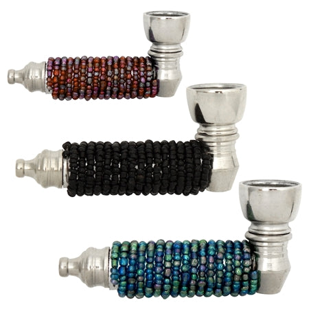 3" Plain Beads Metal Hand Pipe | Colors Come Assorted