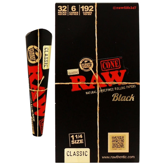 RawBlackClassicCones_11/4Size_32PacksPerBox_6ConesPerPack