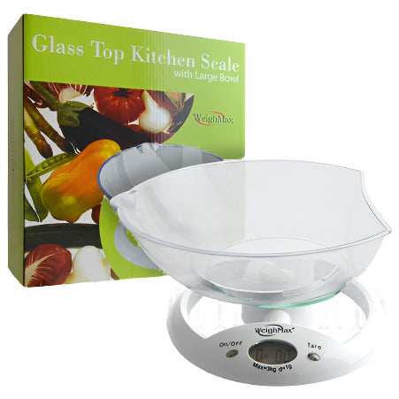 3Kg W-5800 Glass Top Kitchen Scale with Large Bowl by WeighMax. White