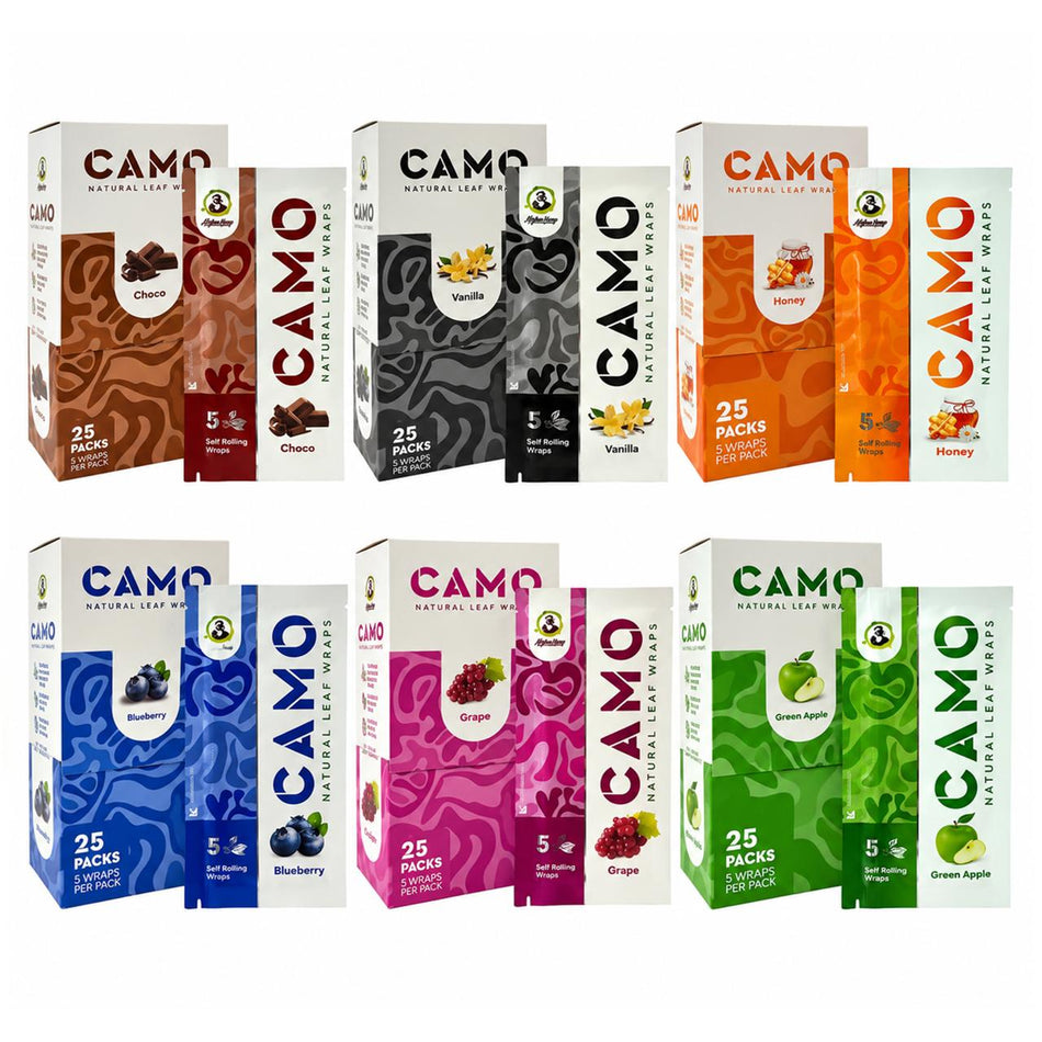 Camo Natural Leaf Wrap | Tobacco Free | 25 Packs | 5 Wraps Each | Multiple Flavor Option